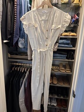 London Jean Cream Button-Front Jumpsuit with Waist Tie - S new!